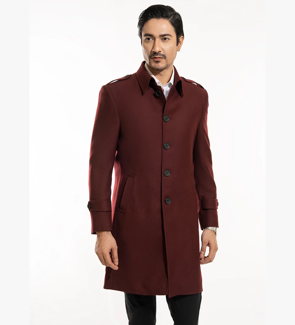 Plain Twill-Maroon, Wool Rich, Worsted Tweed Long Coats