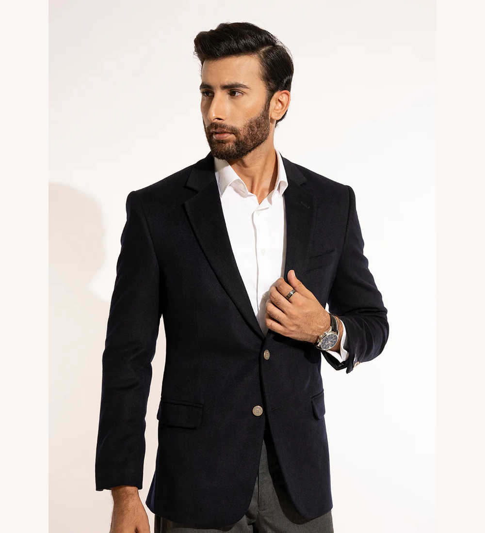 Blue Plain Woolen Fleece Poly Wool Classic Blazer
