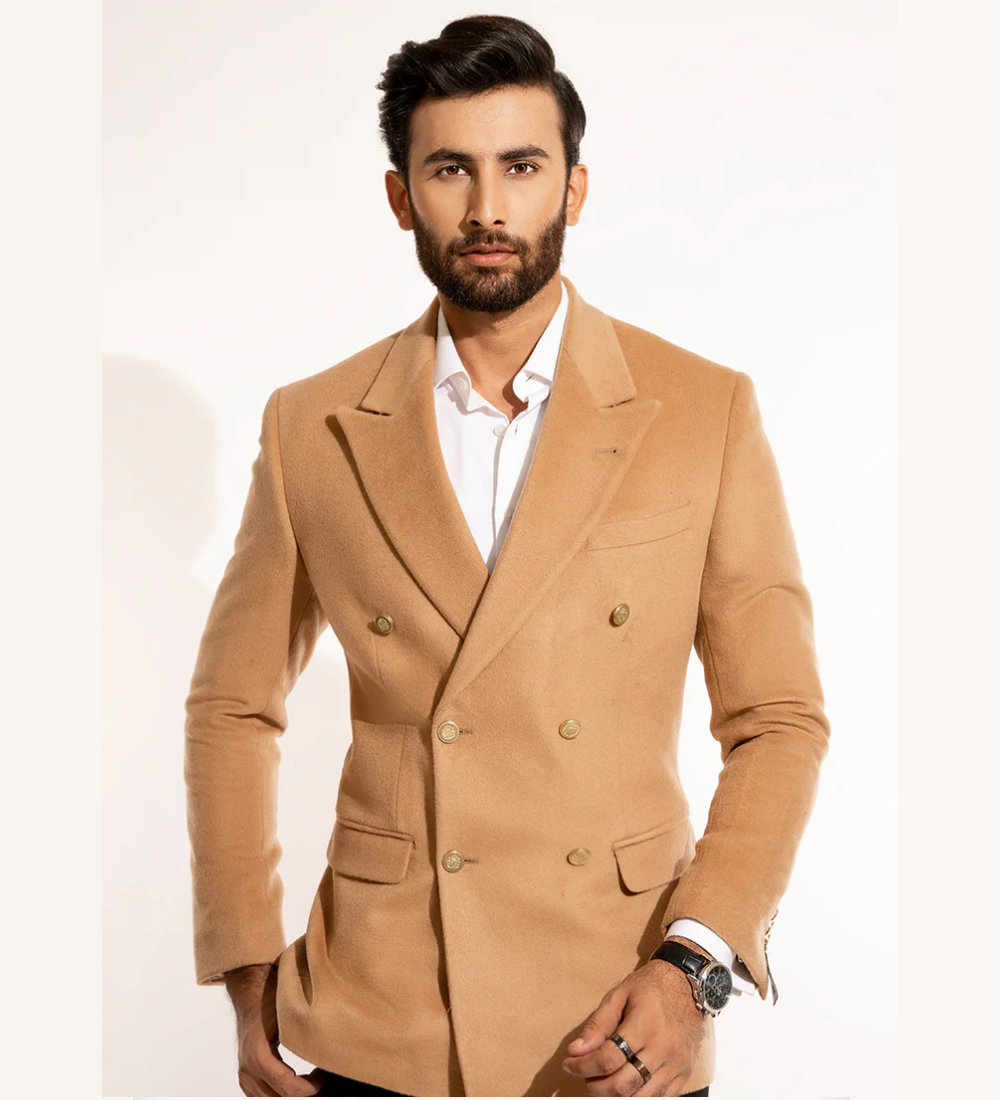 Plain-Camel Brown, Wool Blend Fleece, Double Breasted Blazer