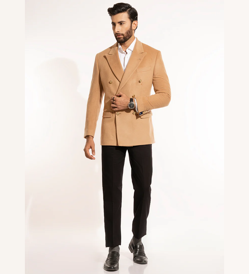 Plain-Camel Brown, Wool Blend Fleece, Double Breasted Blazer