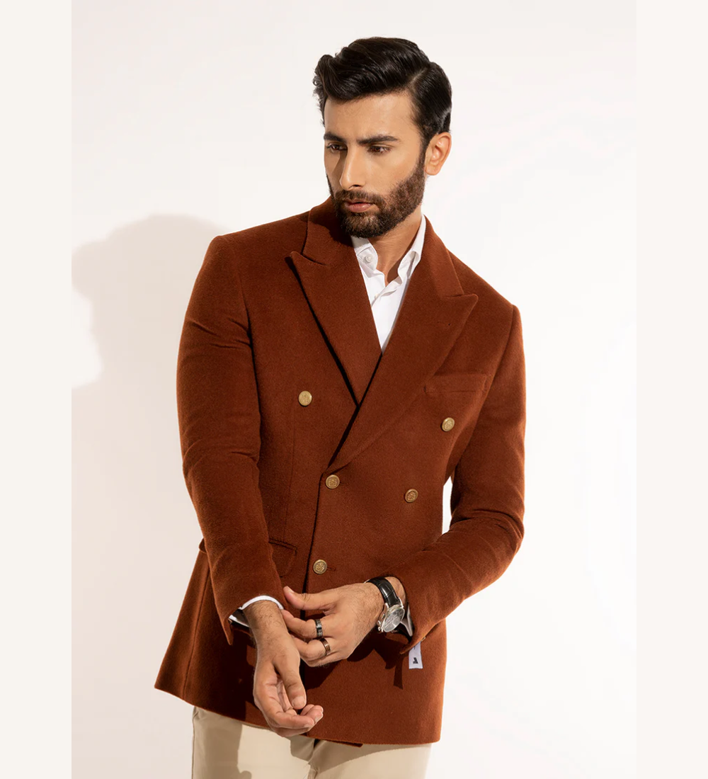 Plain-Rust Brown, Wool Blend Fleece, Double Breasted Blazer
