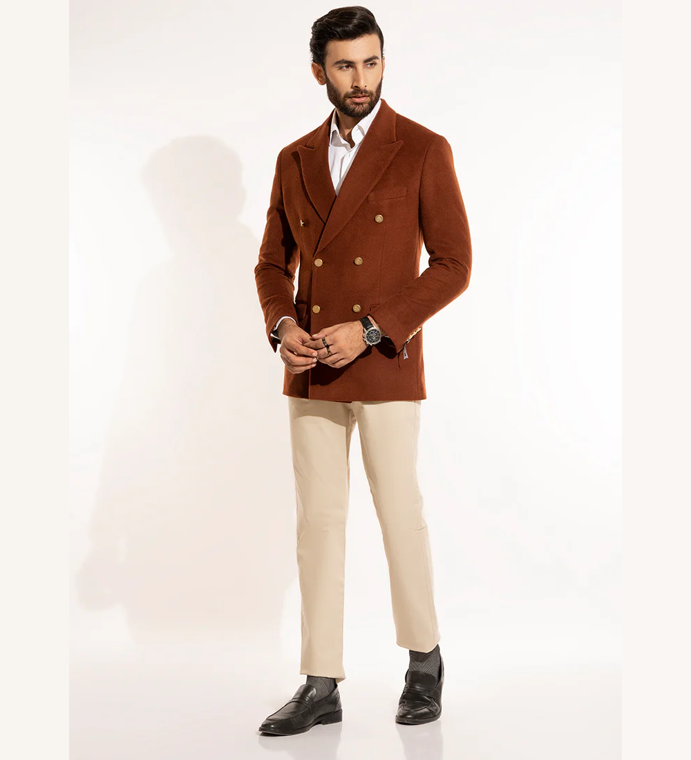 Plain-Rust Brown, Wool Blend Fleece, Double Breasted Blazer