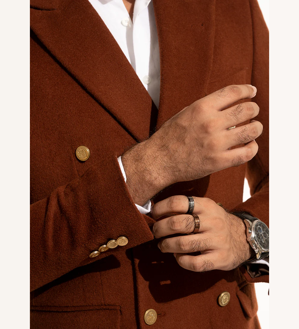 Plain-Rust Brown, Wool Blend Fleece, Double Breasted Blazer