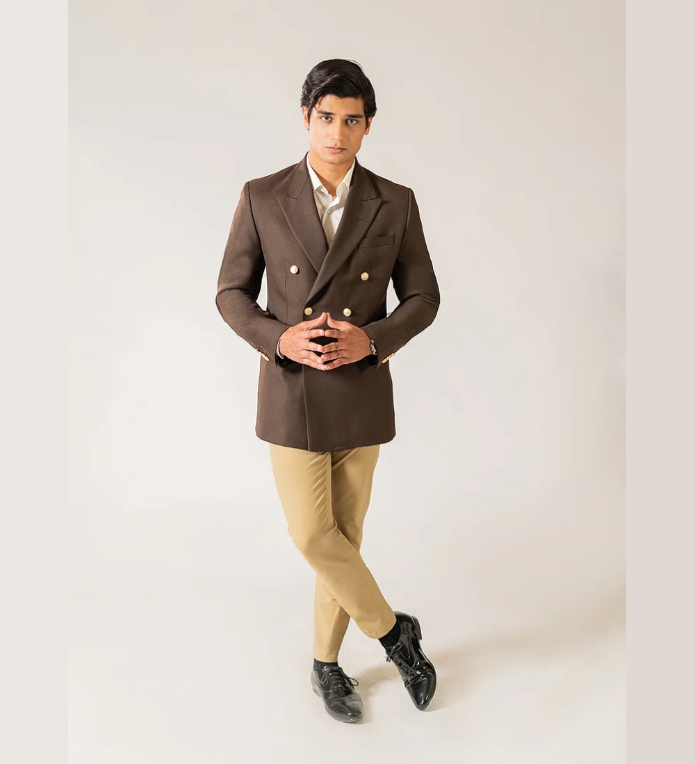 Brown Wool Blend Fleece Double Breasted Blazer