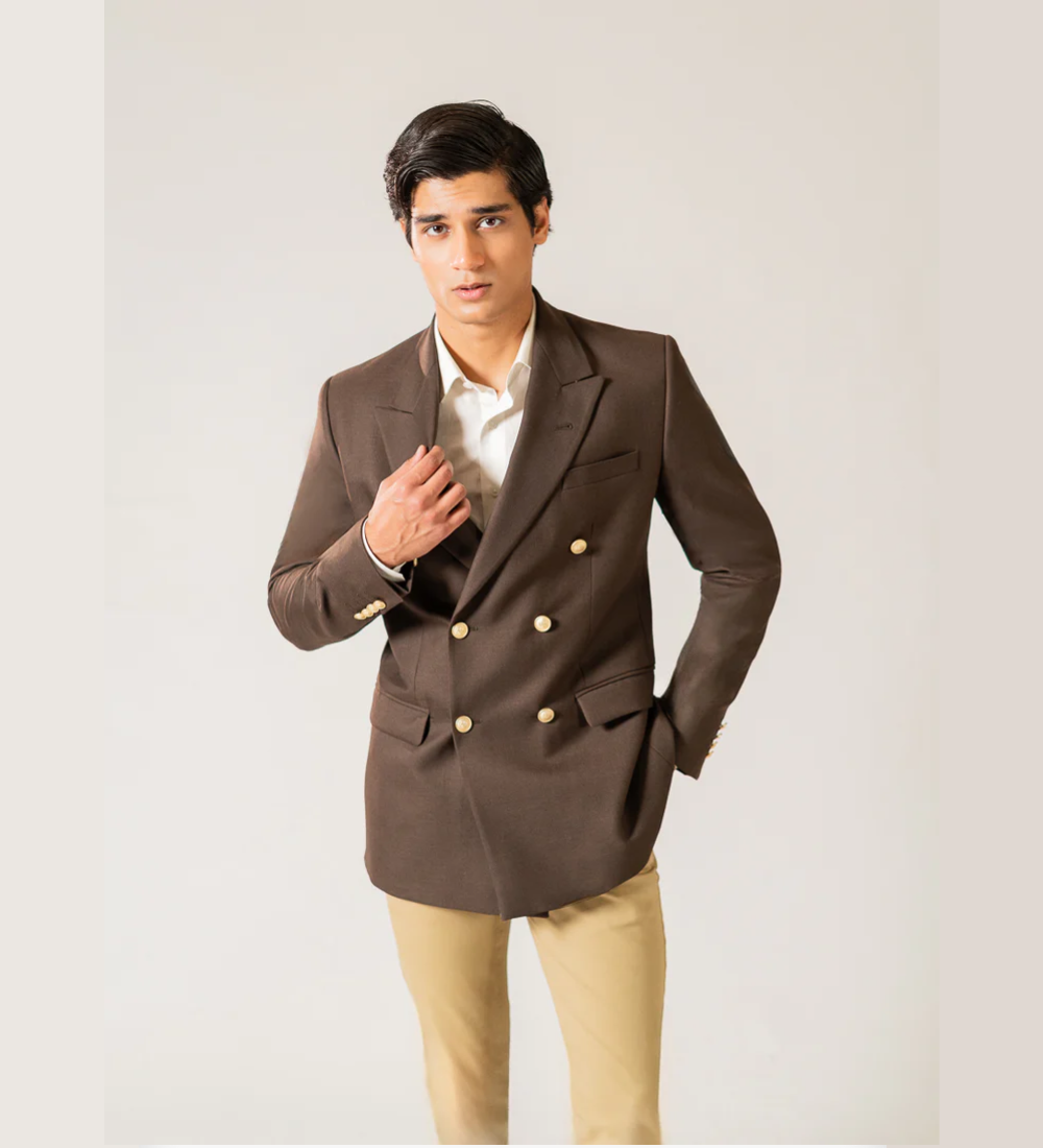 Brown Wool Blend Fleece Double Breasted Blazer