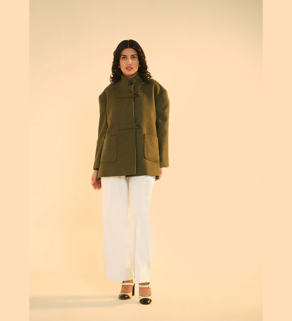 Ladies Jacket  Button Tab Front, High Neck, Deep Green Plain