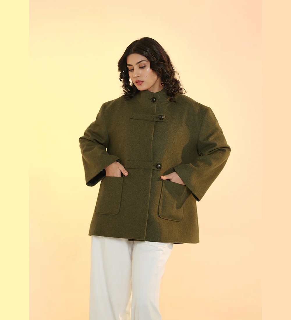 Ladies Jacket  Button Tab Front, High Neck, Deep Green Plain