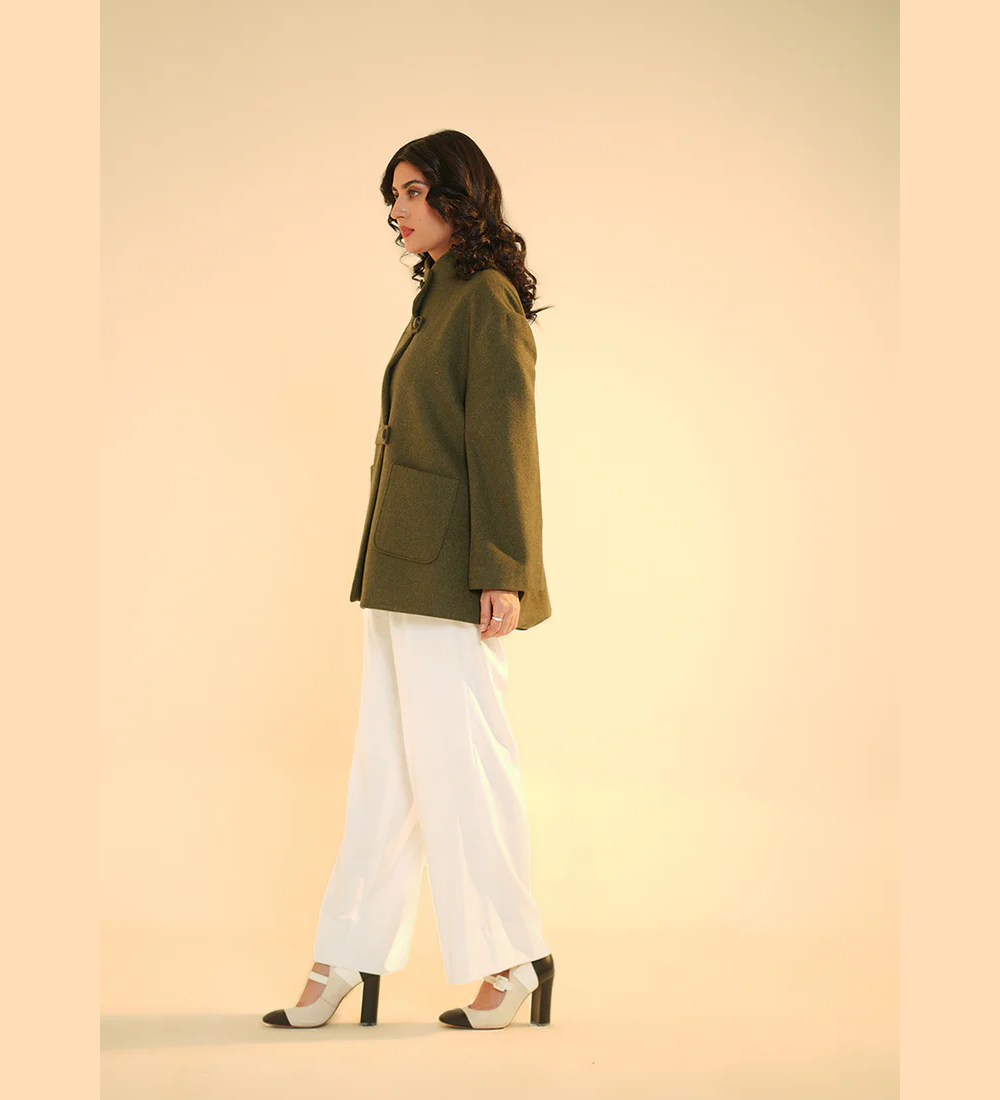 Ladies Jacket  Button Tab Front, High Neck, Deep Green Plain