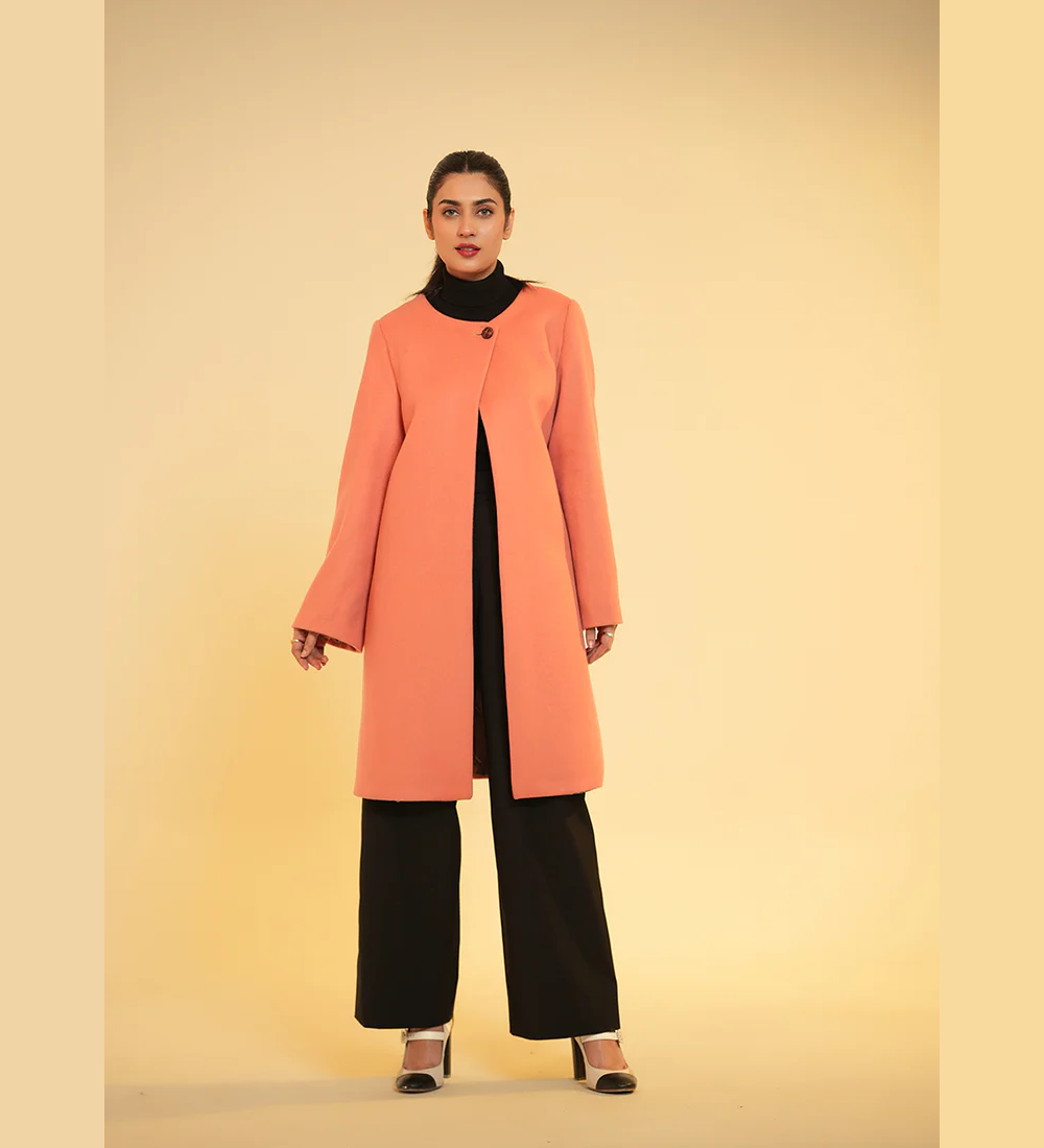 Ladies Open Front Long Coat - Peach Plain