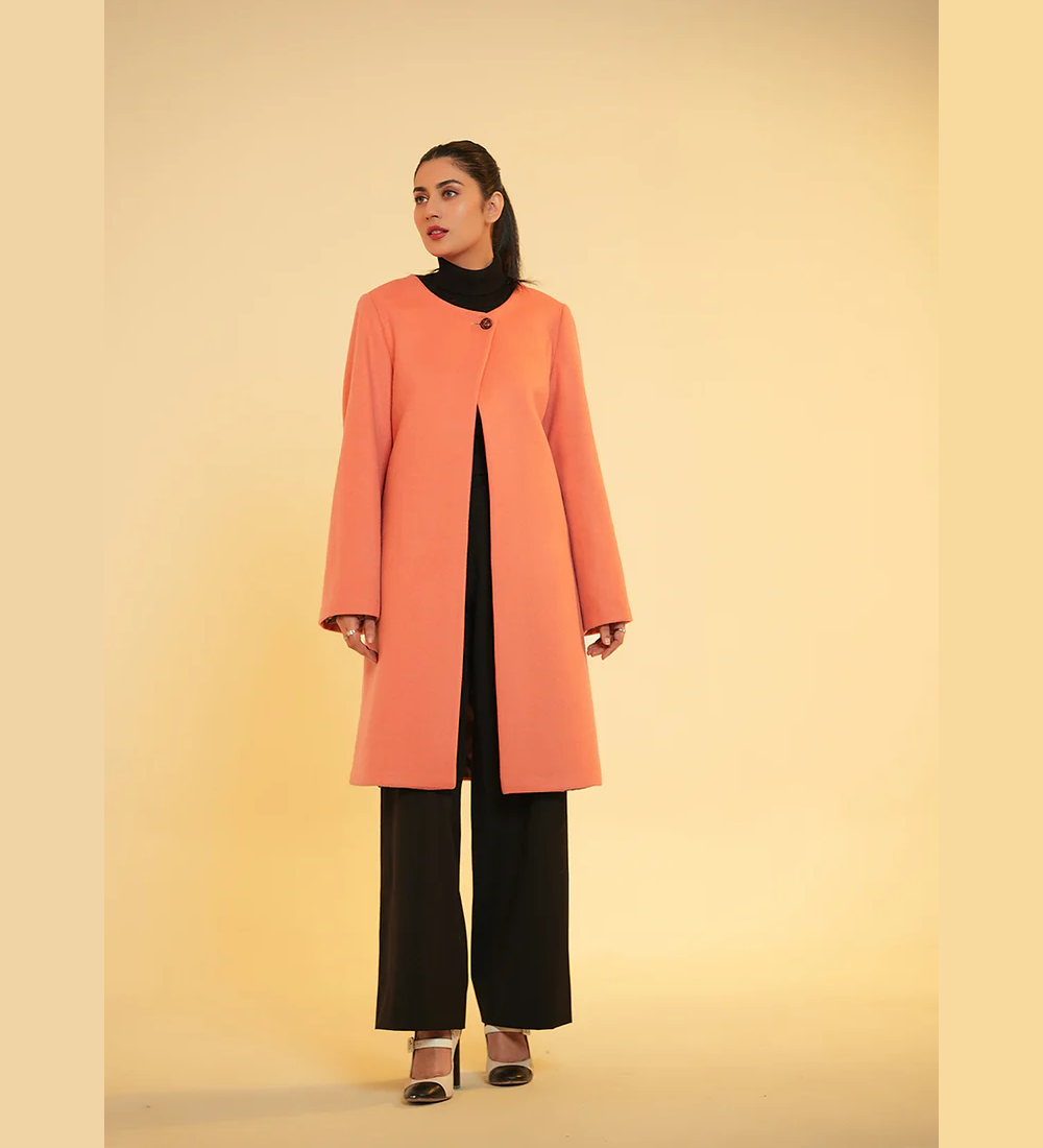 Ladies Open Front Long Coat - Peach Plain