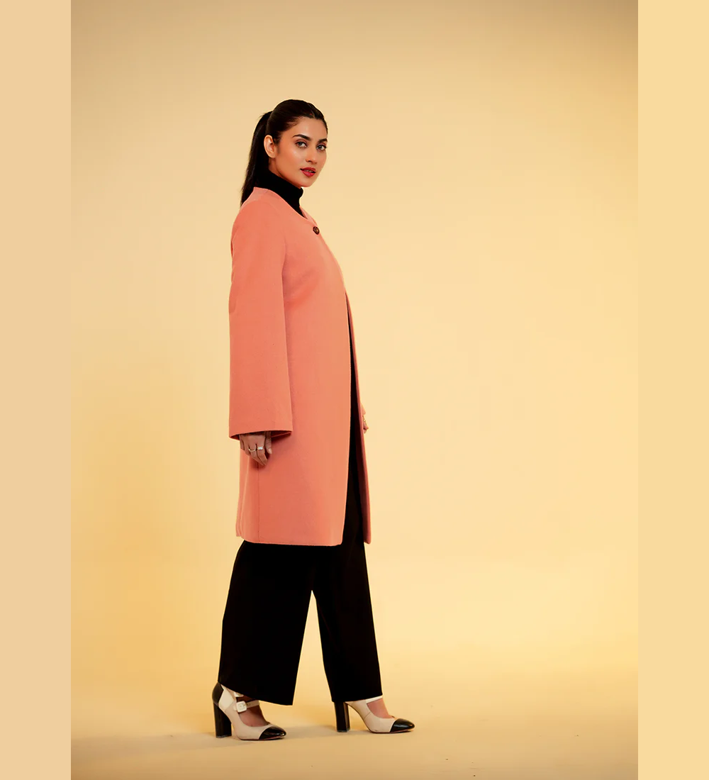 Ladies Open Front Long Coat - Peach Plain
