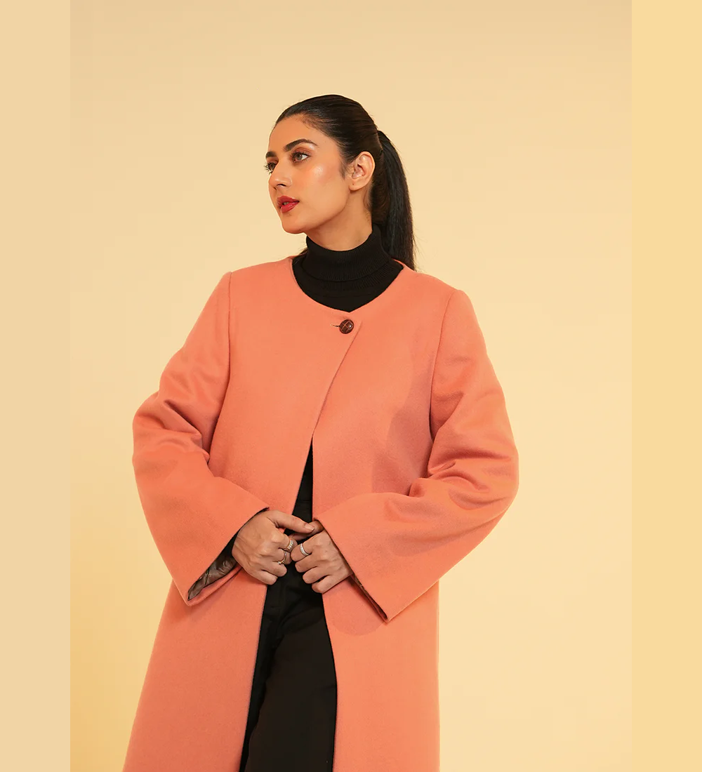 Ladies Open Front Long Coat - Peach Plain