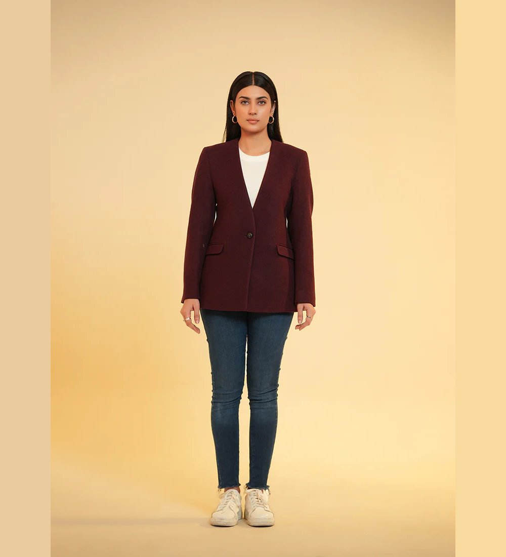 Ladies V Neck Single Button Jacket - Maroon Plain