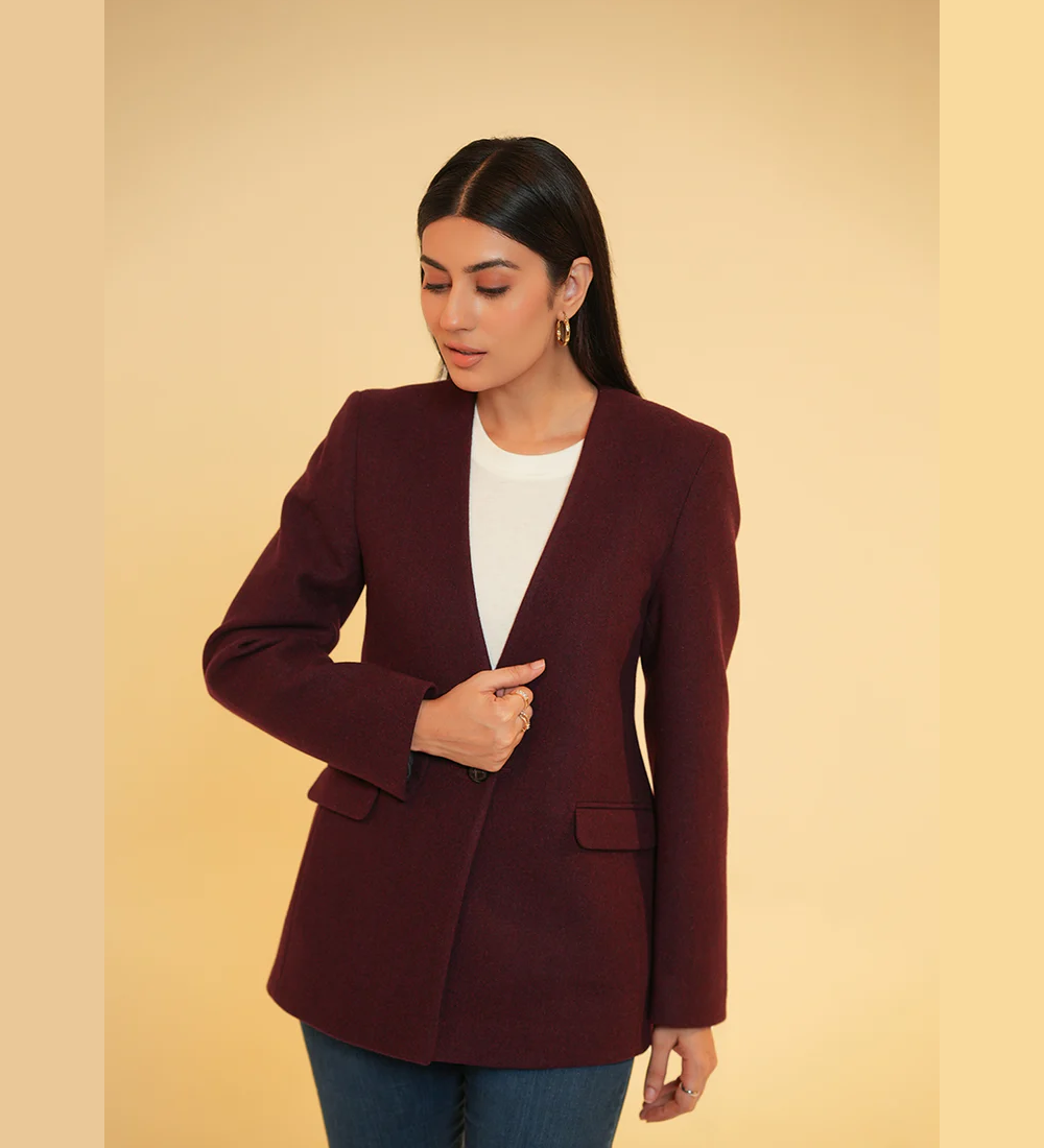 Ladies V Neck Single Button Jacket - Maroon Plain