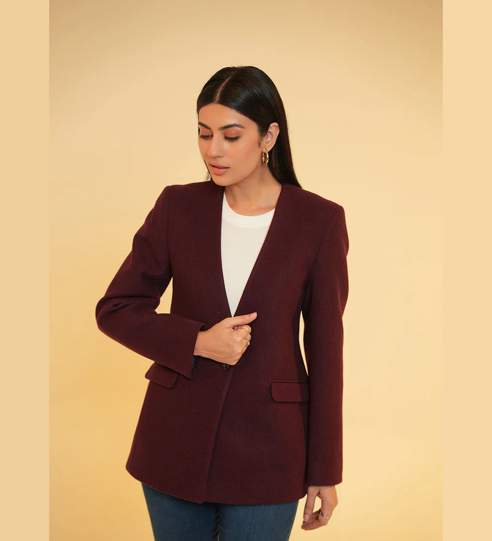 Ladies V Neck Single Button Jacket - Maroon Plain