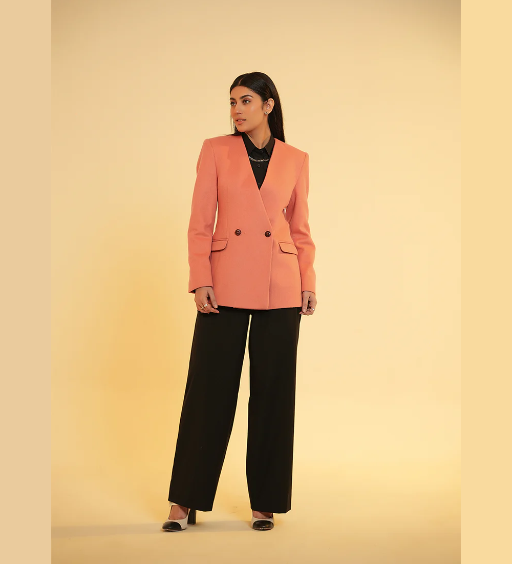 Ladies Jacket - V Neck Double Button Peach Plain