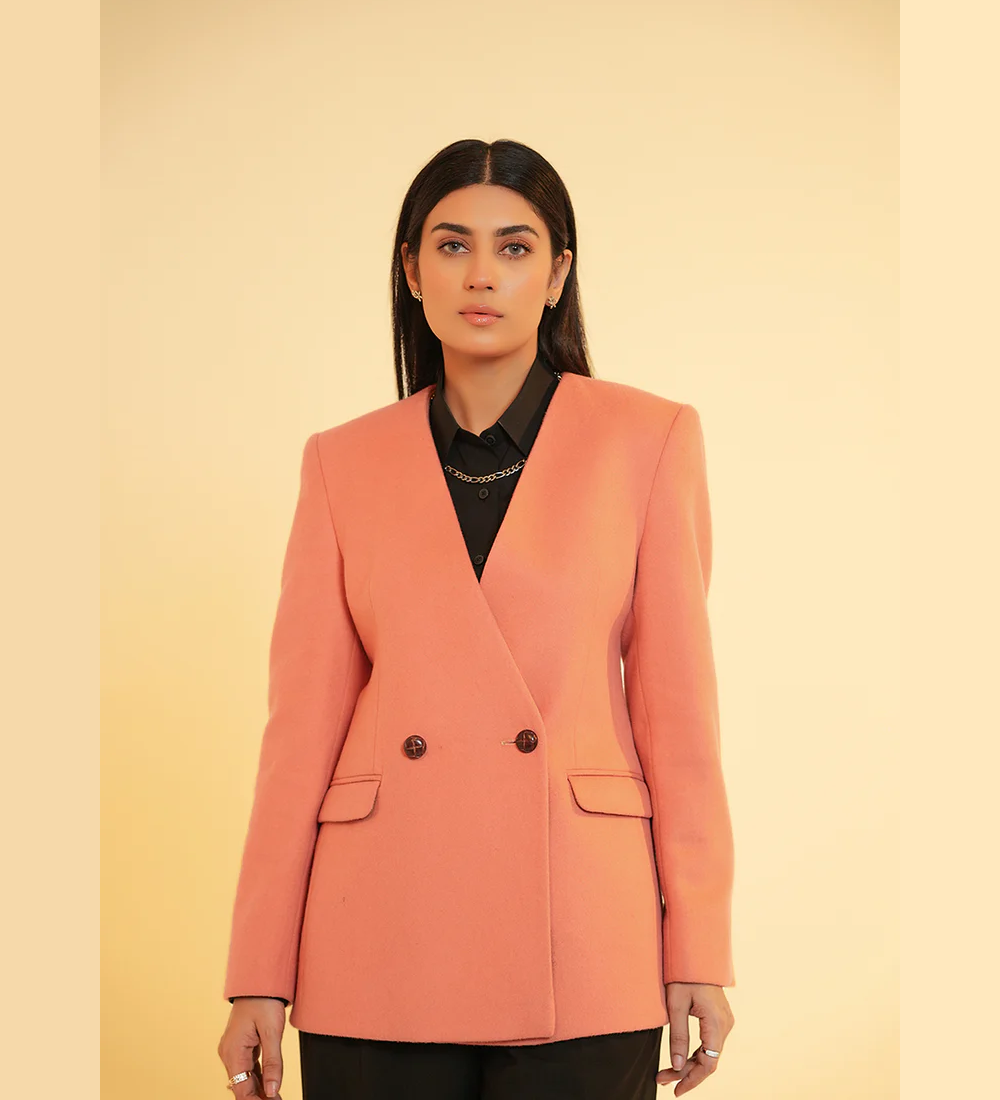 Ladies Jacket - V Neck Double Button Peach Plain