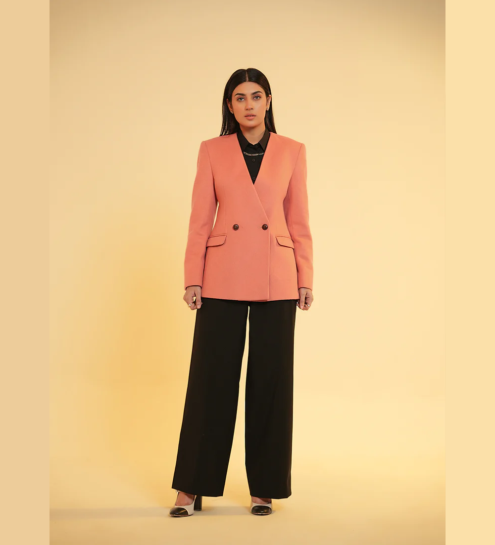 Ladies Jacket - V Neck Double Button Peach Plain