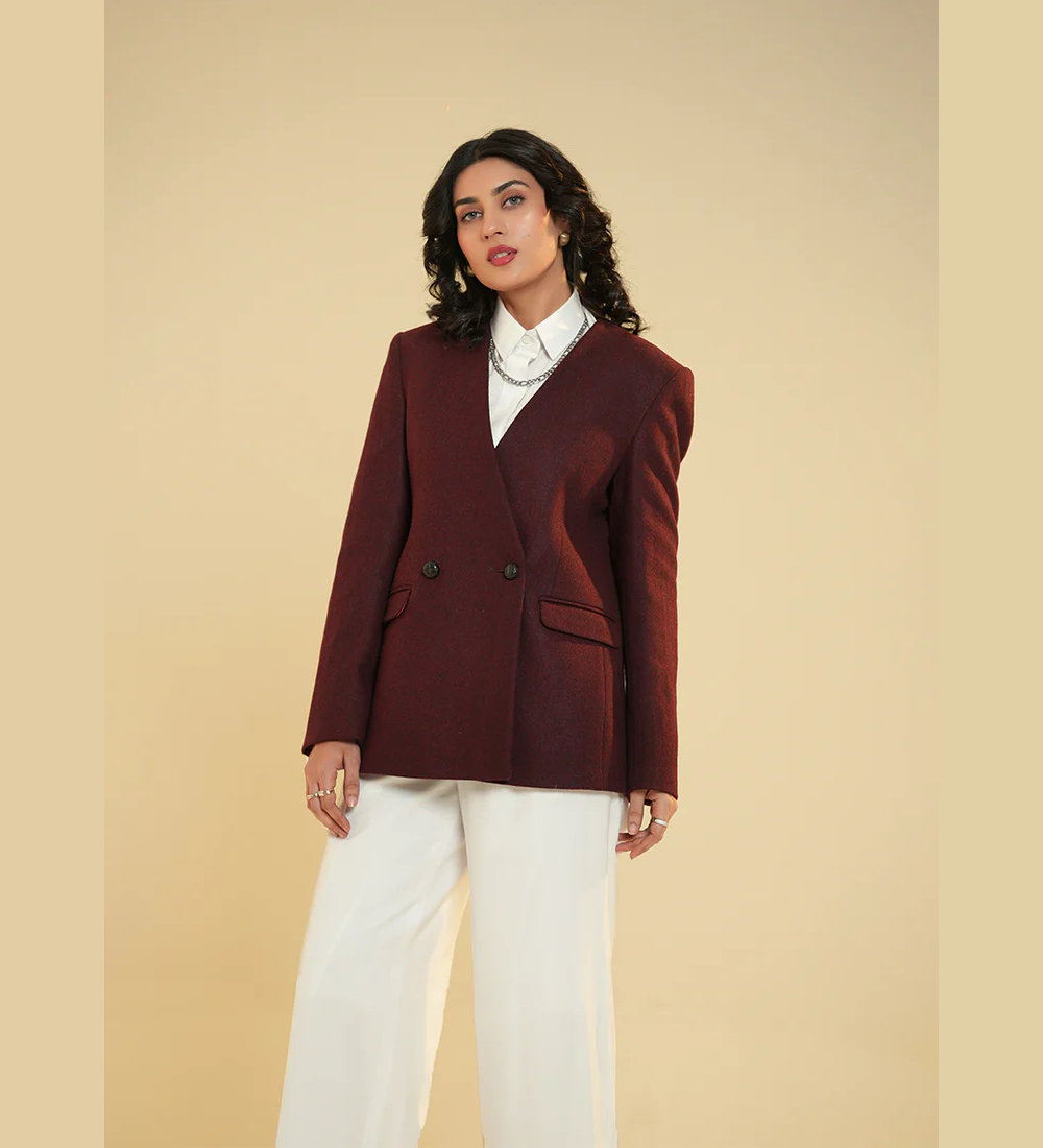 Ladies Jacket - V Neck Double Button Maroon Plain