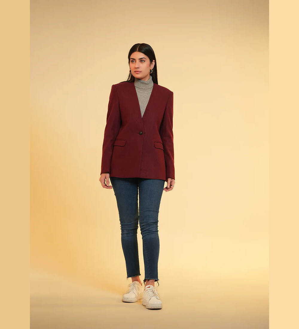 Ladies V Neck Single Button Jacket - Dark Maroon Plain