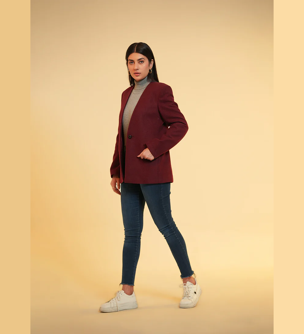 Ladies V Neck Single Button Jacket - Dark Maroon Plain