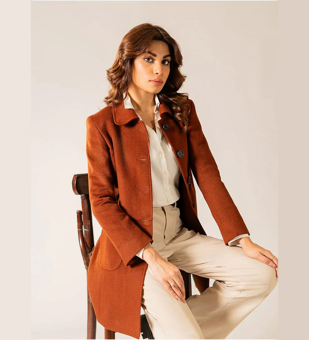 Ladies Long Coat - Woolen Fleece Camel Brown Plain