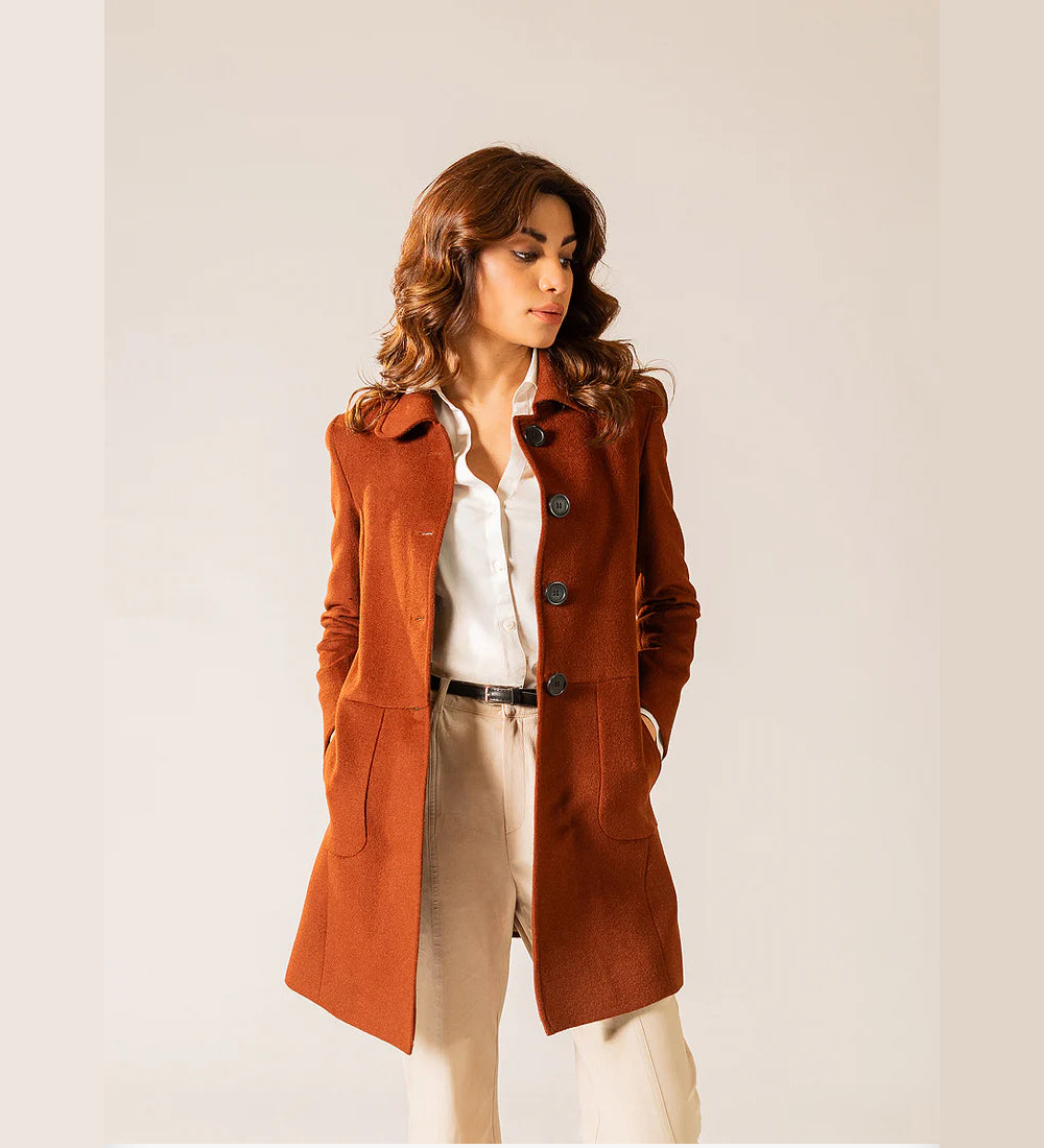 Ladies Long Coat - Woolen Fleece Camel Brown Plain