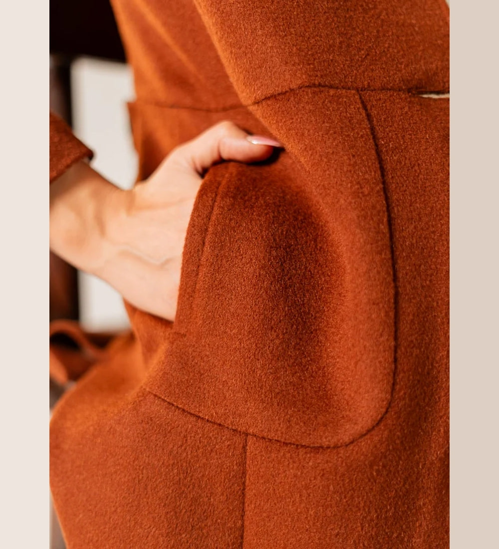 Ladies Long Coat - Woolen Fleece Camel Brown Plain