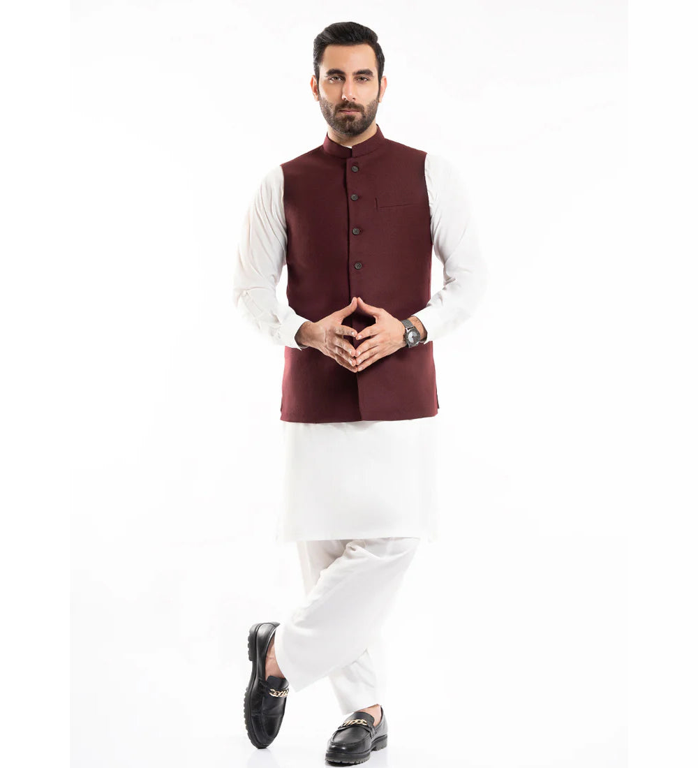 Plain Twill-Maroon, Wool Rich, Worsted Tweed, Classic Waist Coat