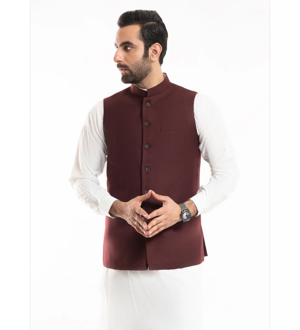 Plain Twill-Maroon, Wool Rich, Worsted Tweed, Classic Waist Coat