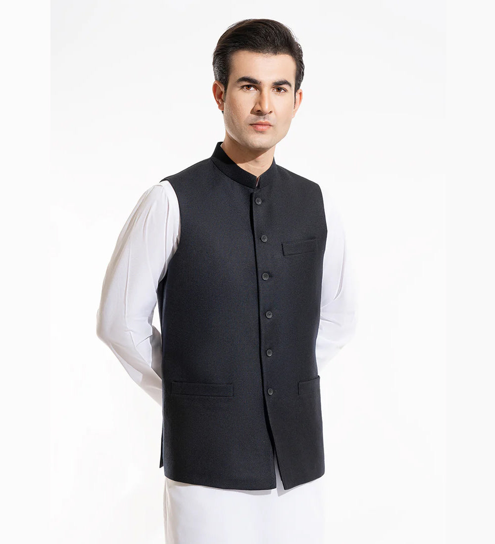 Plain-Black, Wool Rich, Worsted Tweed, Classic Waist Coat