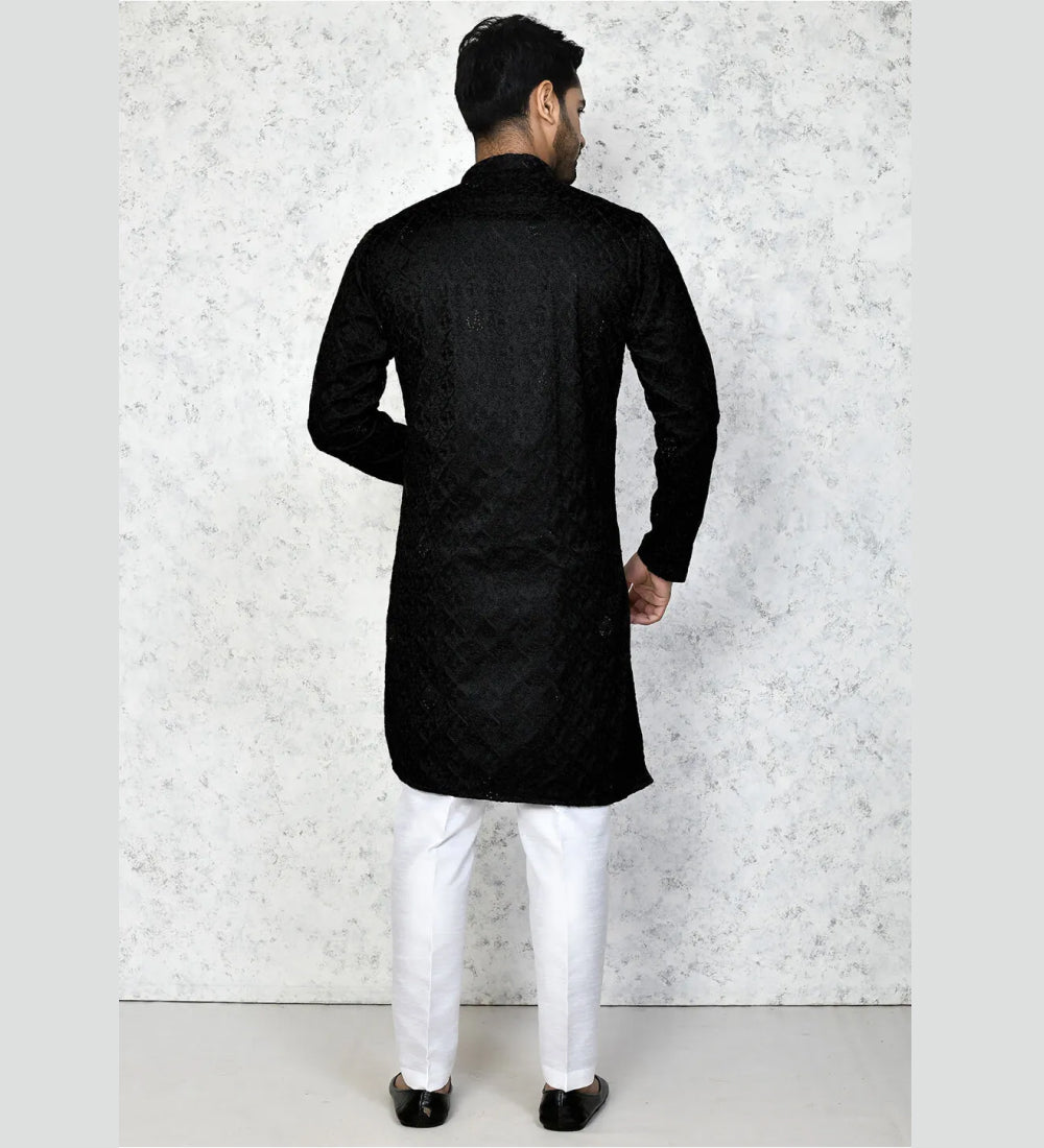 Embroidered Cotton Silk Sherwani in Black