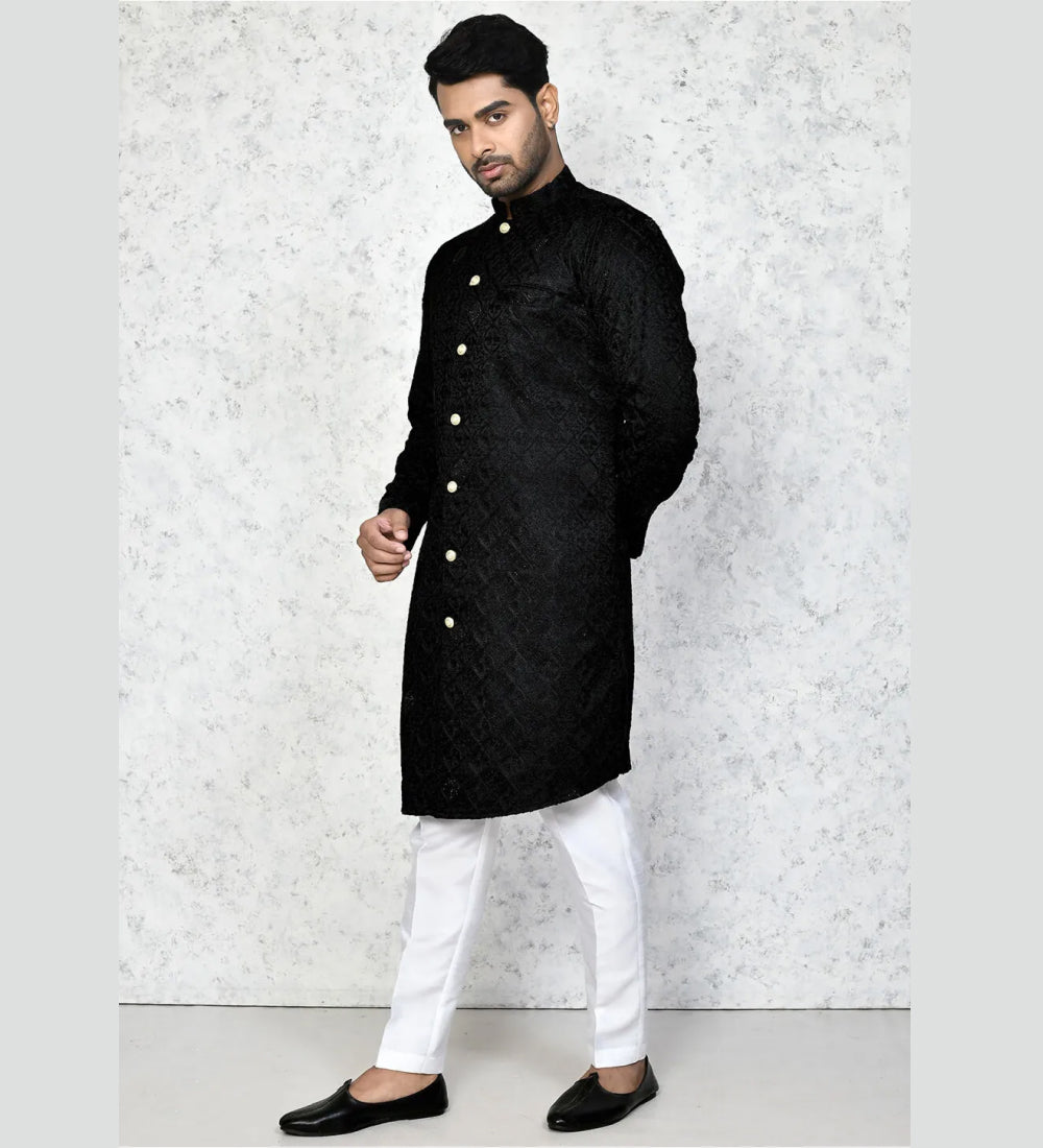 Embroidered Cotton Silk Sherwani in Black
