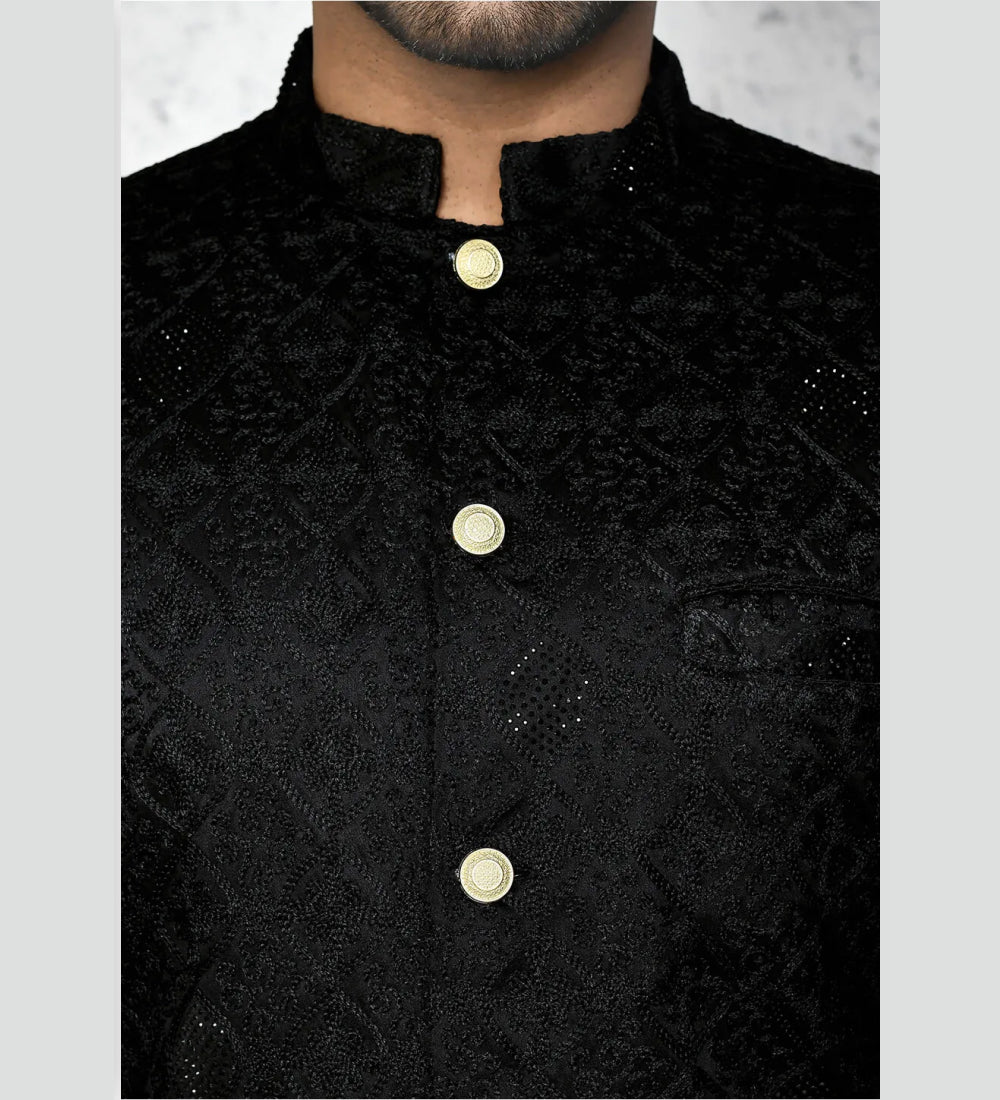 Embroidered Cotton Silk Sherwani in Black