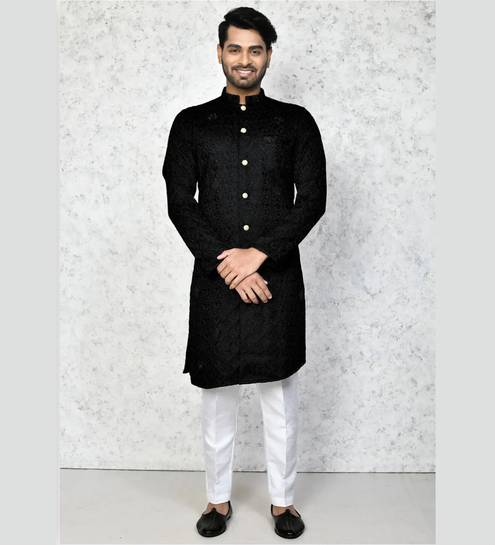 Embroidered Cotton Silk Sherwani in Black