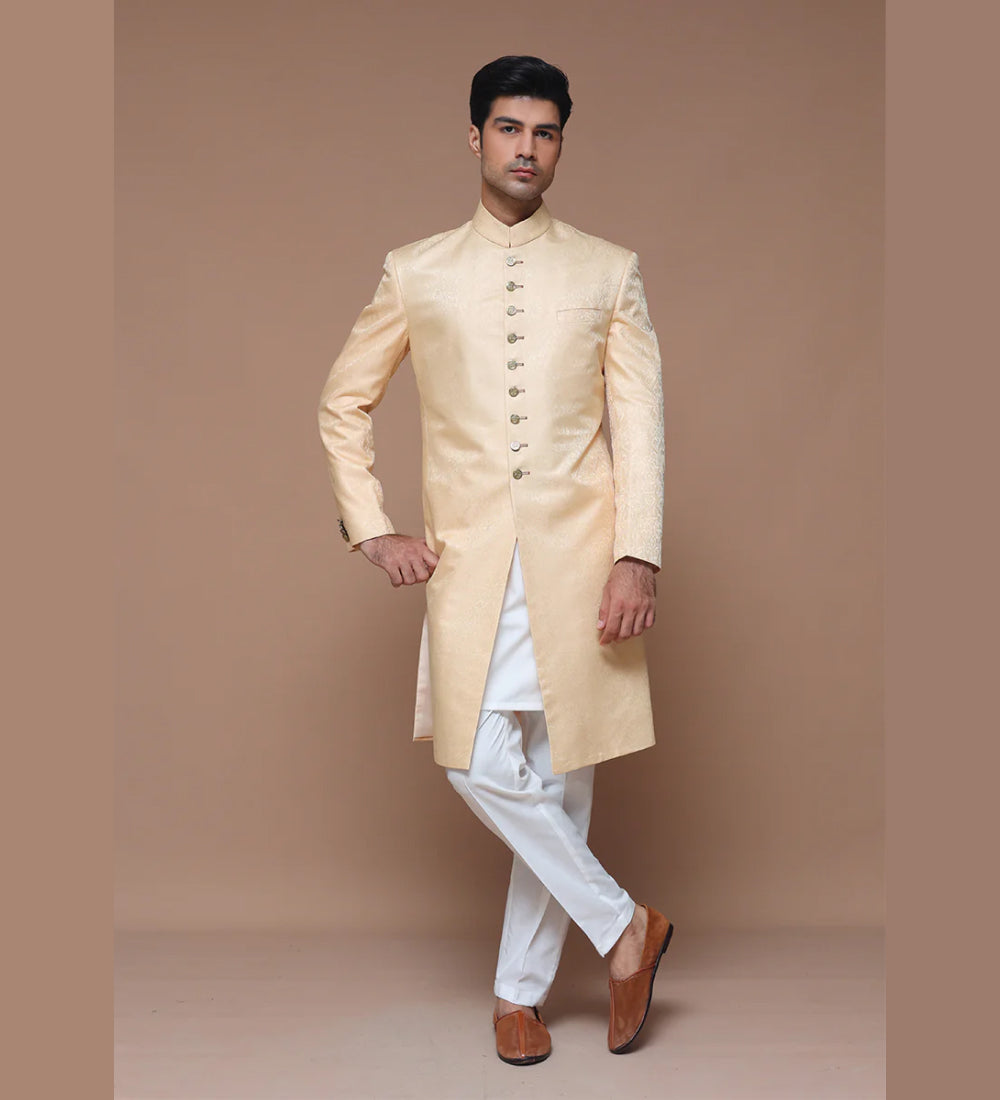Premium Jamawar Beige Traditional Sherwani