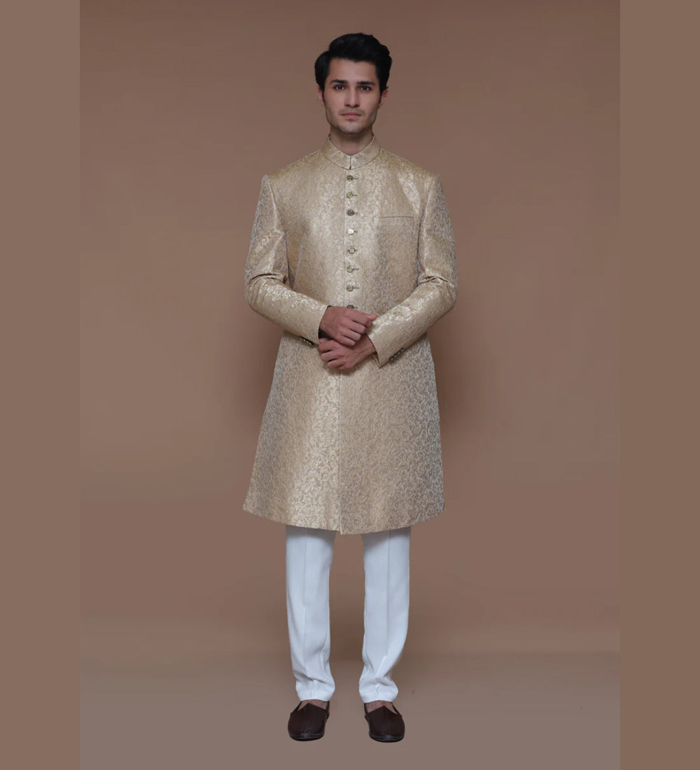 Premium Jamawar Almond Buff Sherwani