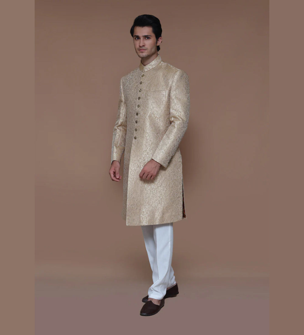 Premium Jamawar Almond Buff Sherwani