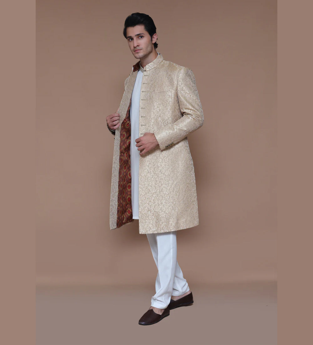 Premium Jamawar Almond Buff Sherwani