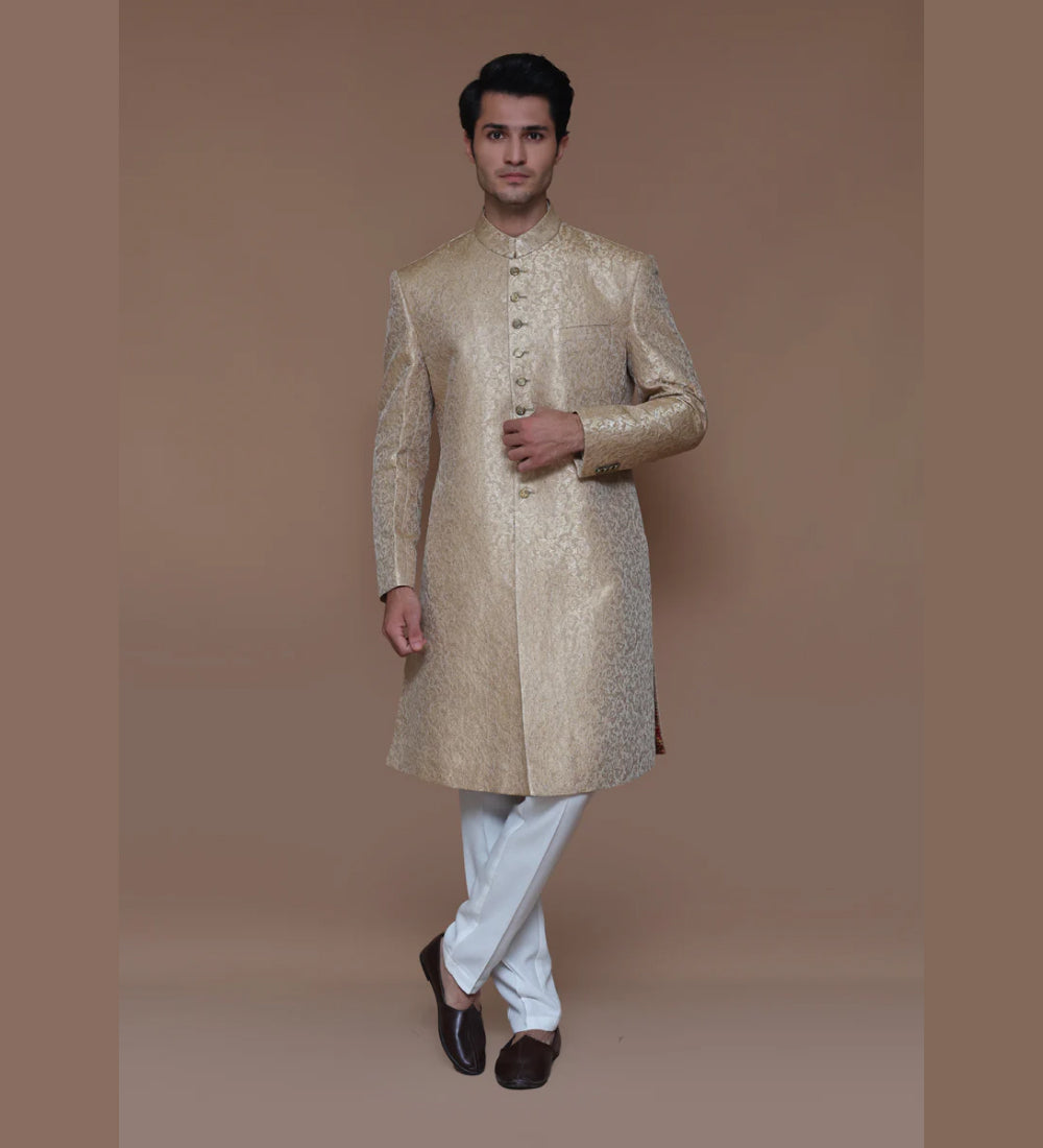 Premium Jamawar Almond Buff Sherwani