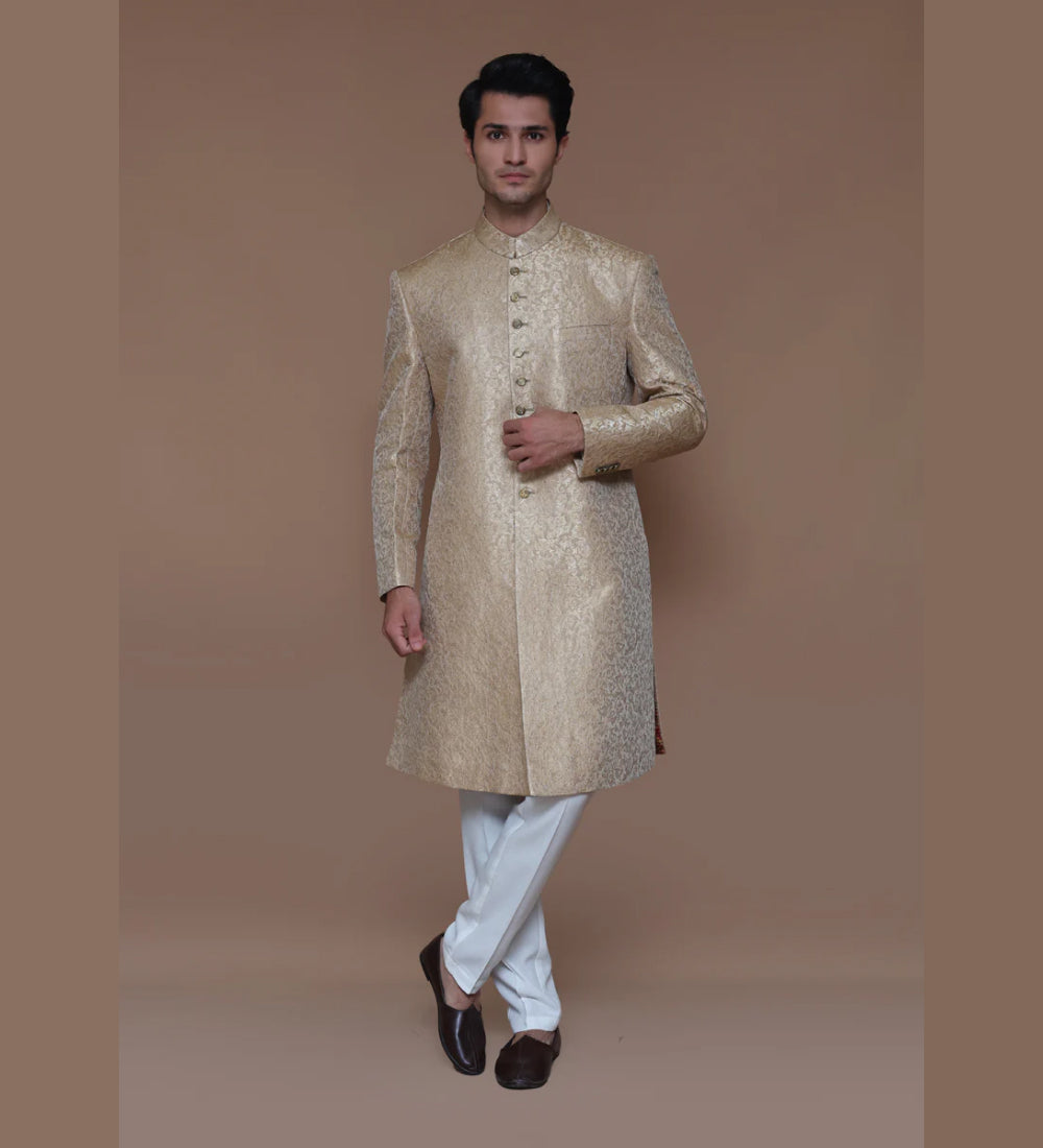 Premium Jamawar Almond Buff Sherwani
