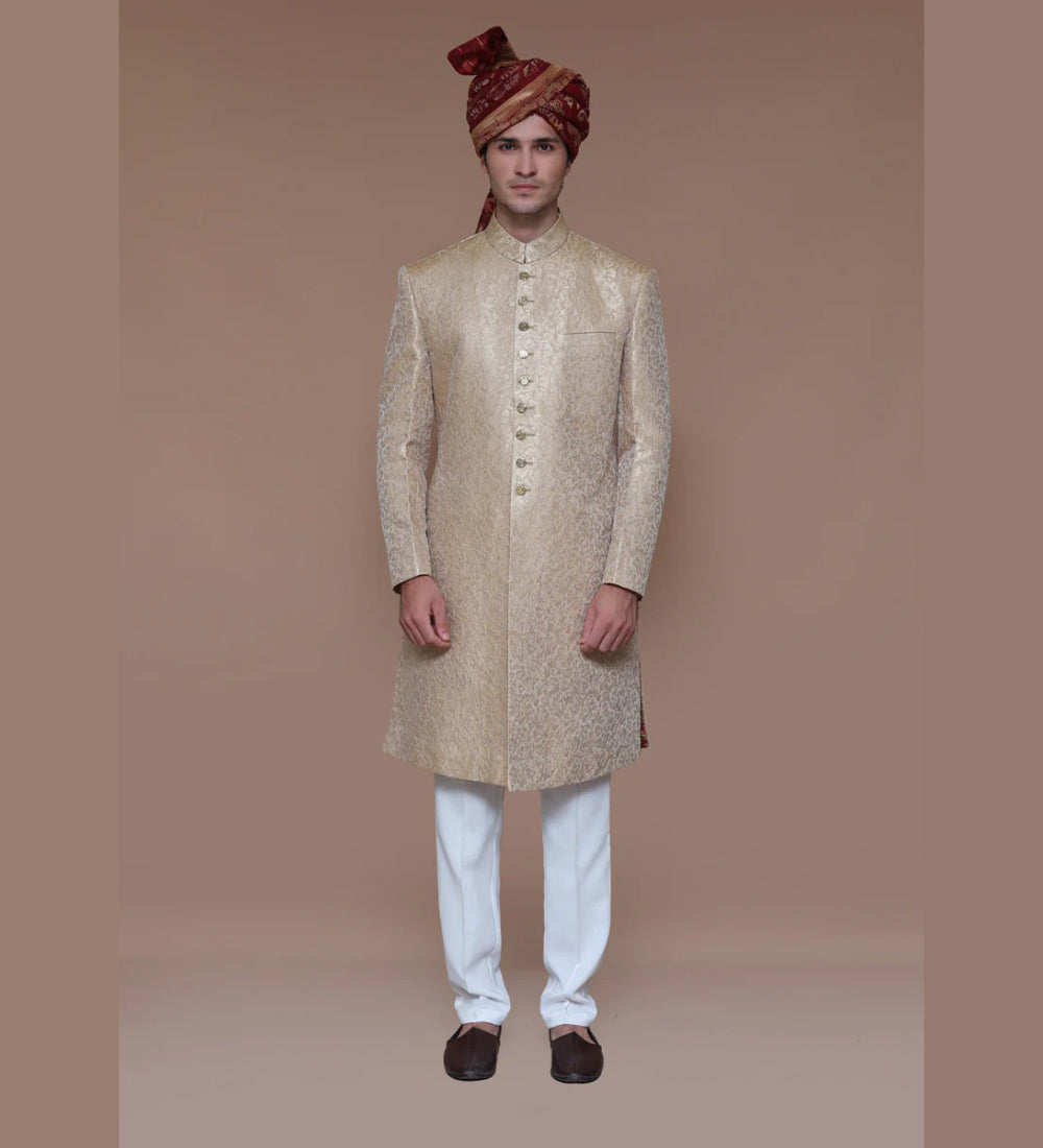 Premium Jamawar Almond Buff Sherwani