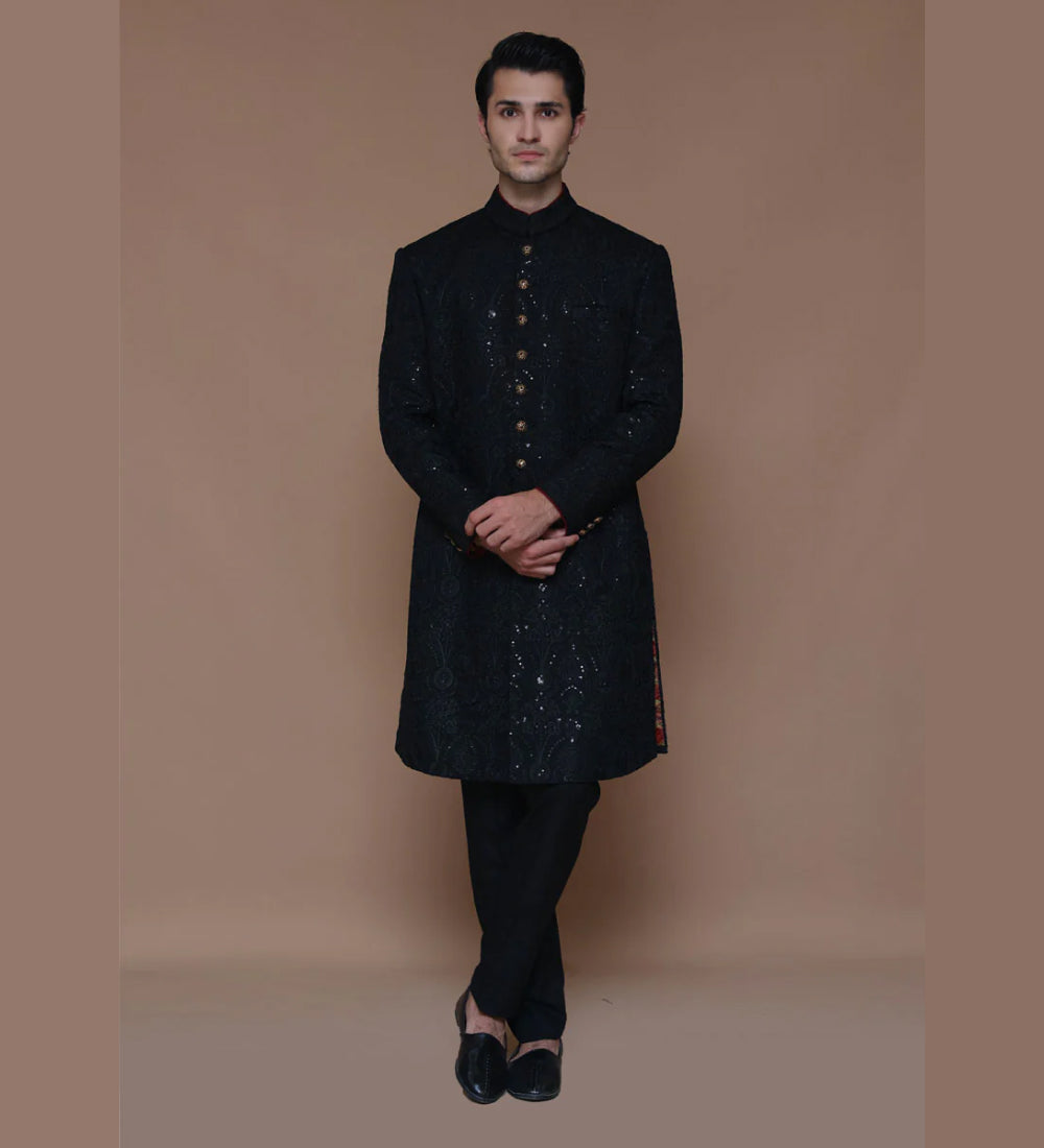 Classic Cotton Net Embroidered Sherwani