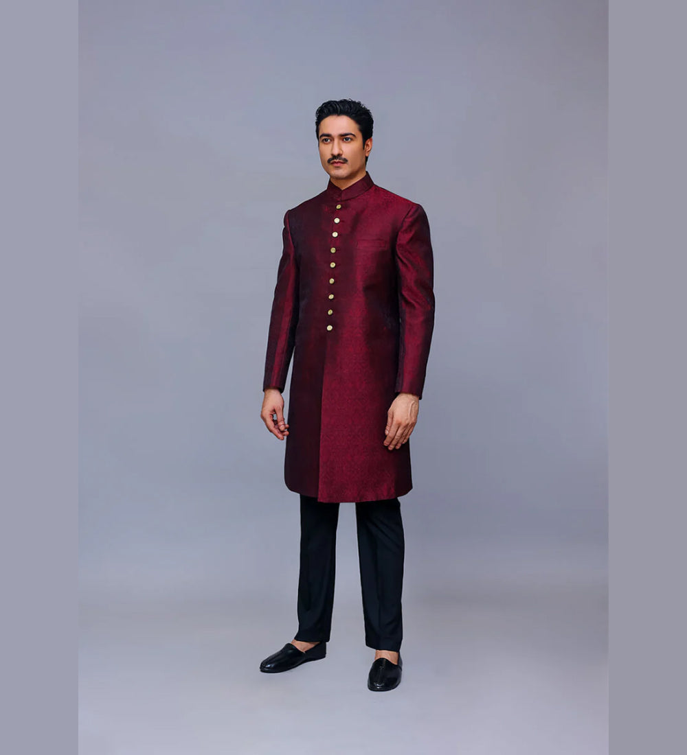 Premium Jamawar Maroon Traditional Sherwani
