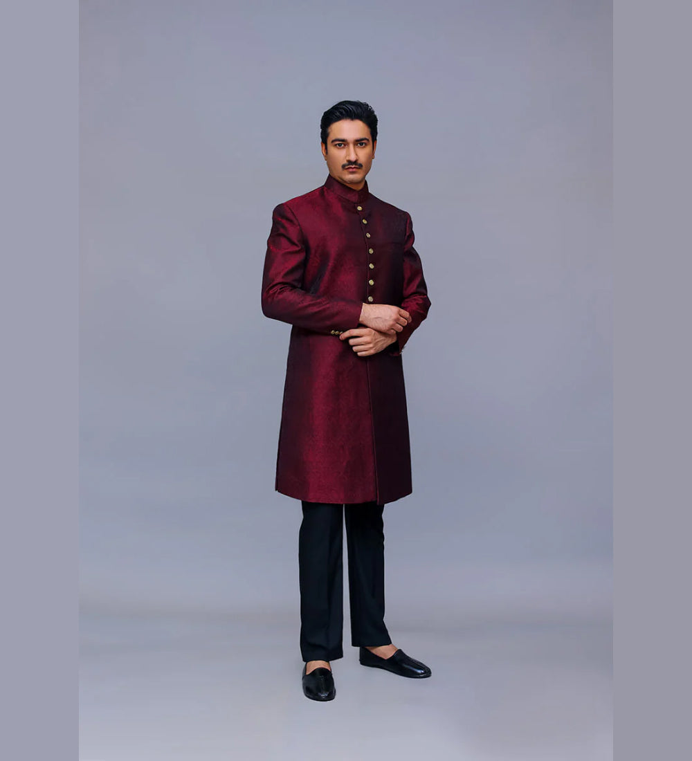 Premium Jamawar Maroon Traditional Sherwani