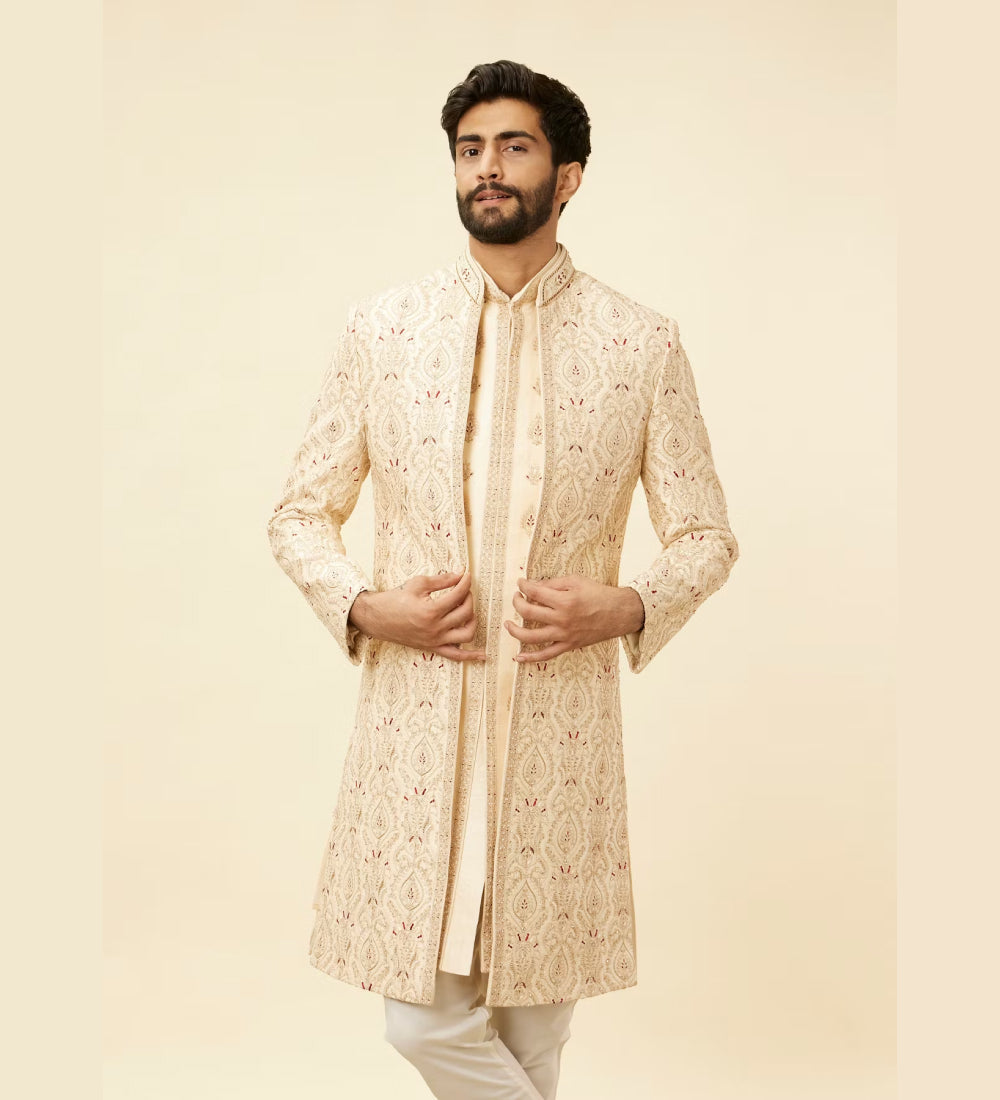 Soft Cream Petal Achkan Sherwani