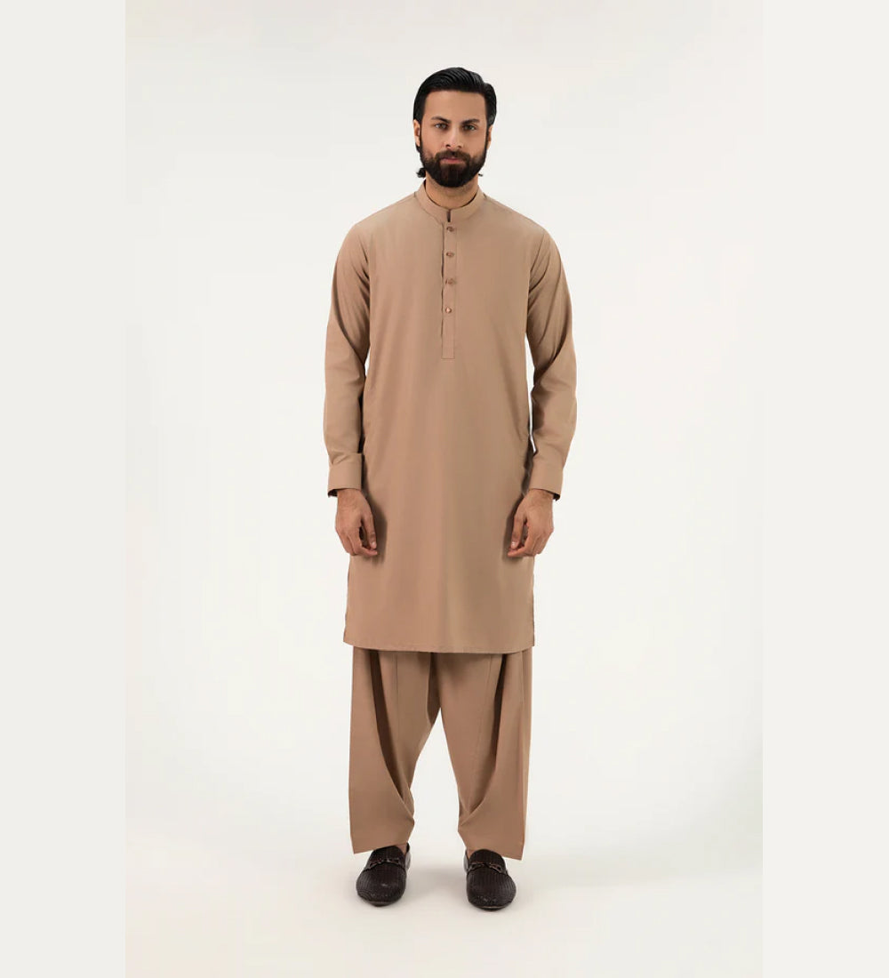 Fancy Band Collar Shalwar Suit - Light Brown