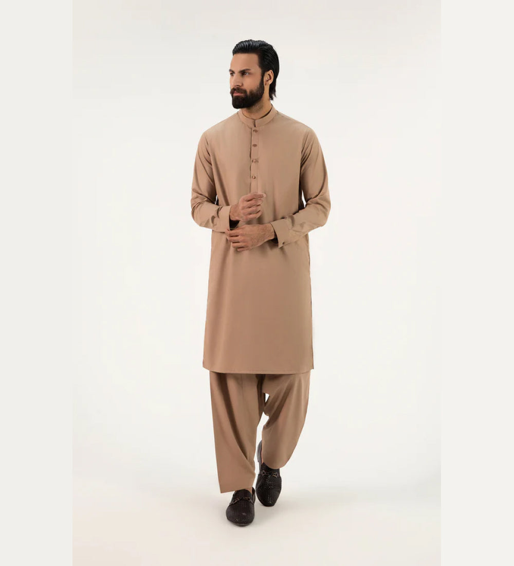 Fancy Band Collar Shalwar Suit - Light Brown
