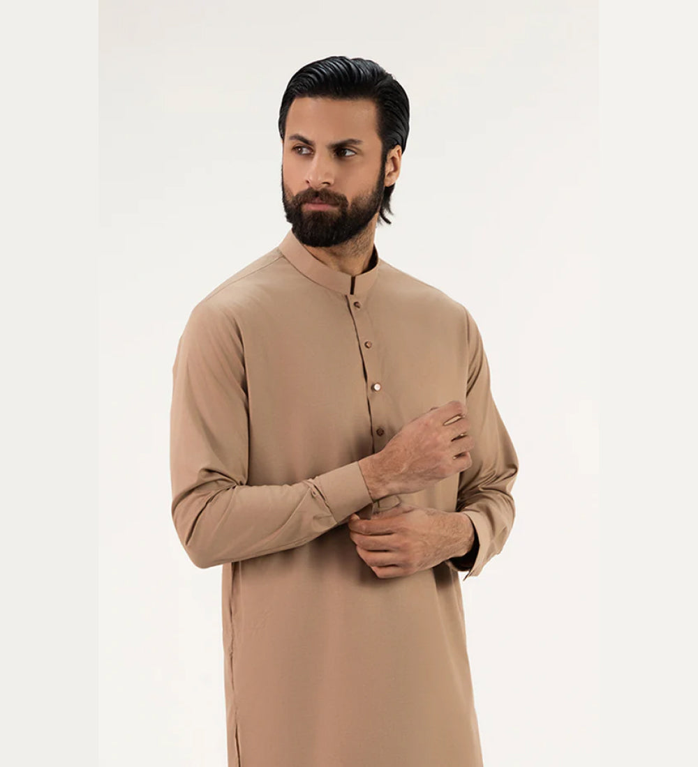 Fancy Band Collar Shalwar Suit - Light Brown