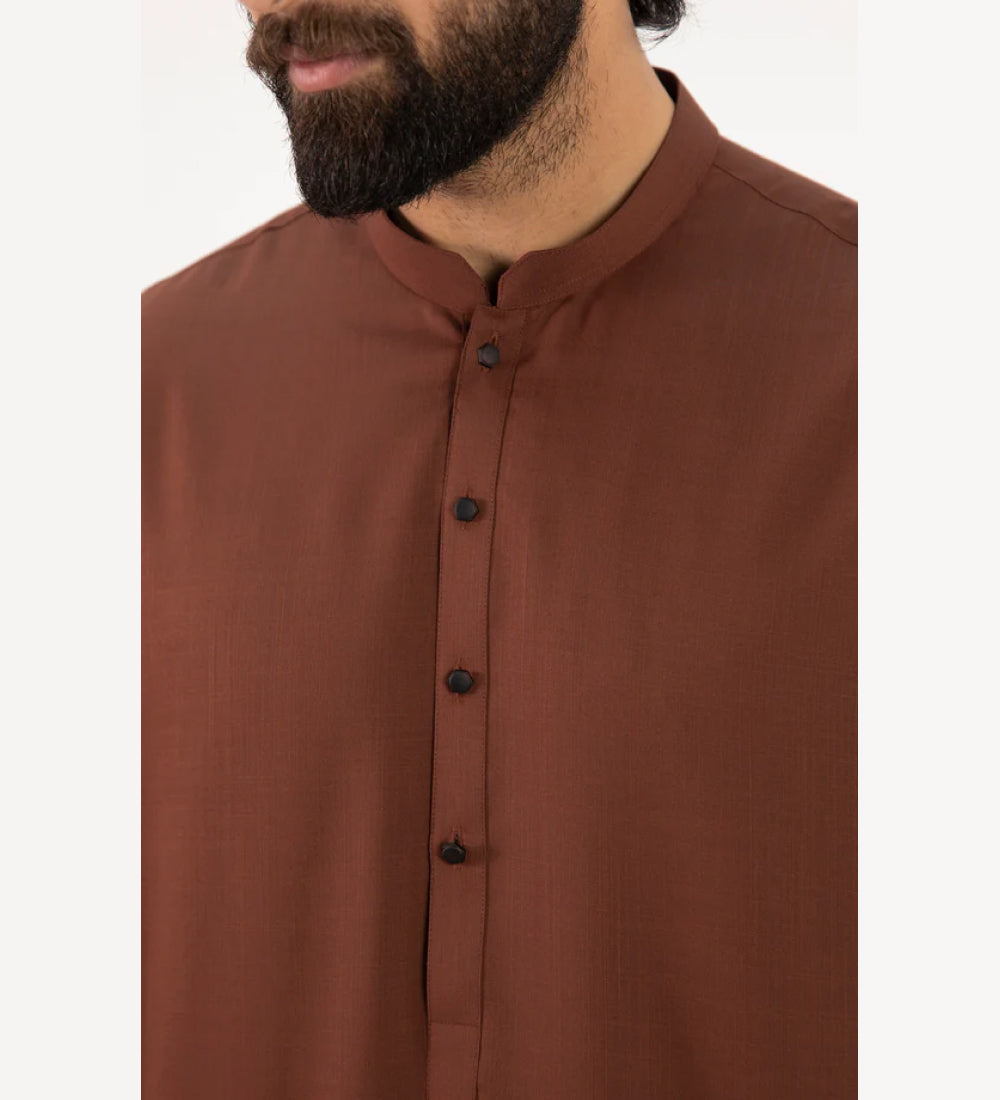 Fancy Band Collar Shalwar Suit - Dark Brown